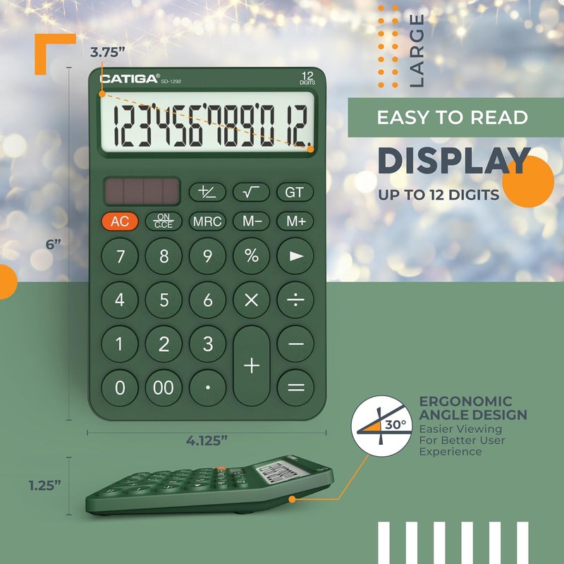 CATIGA 12 Digit Desktop Calculator Basic Desk Calculator with Large LCD Display, Big Buttons, 4 Function, Solar and Battery Dual Power, for Office, School, Home, SD-1292 Green - Image 4